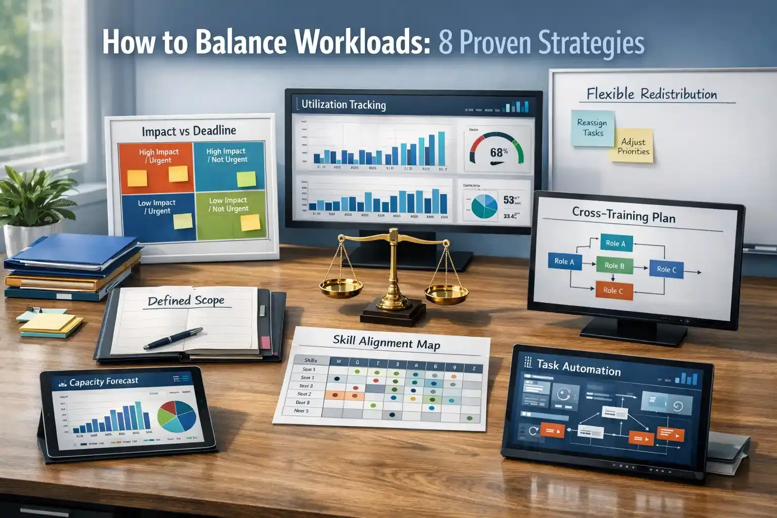 Organized desk with workload dashboards and planning tools